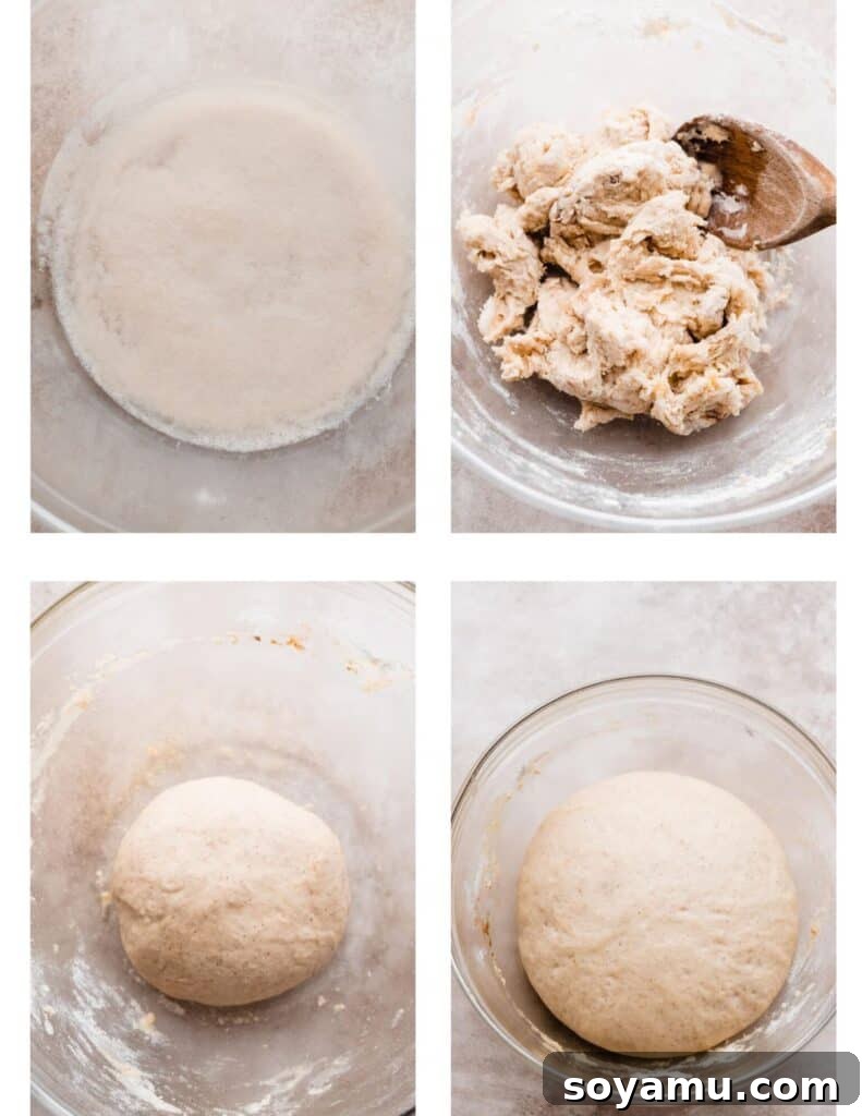 Decadent Caramel Apple Streusel Pizza 4 Four images showing the progression of pizza dough being mixed and kneaded.