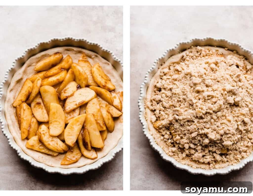 Decadent Caramel Apple Streusel Pizza 7 Two images: one showing apple slices arranged on the pizza crust, and the other with streusel topping added over the apples.