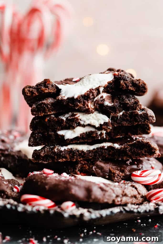 A close-up stack of broken open hot chocolate cookies, revealing melty marshmallows and fudgy chocolate texture. Twinkle lights and candy canes blur in the background.