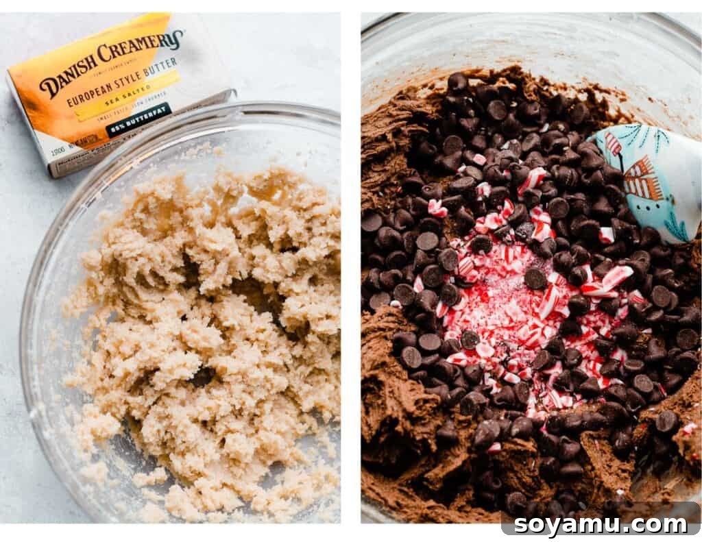 Two images side-by-side: one shows creamed butter and sugar, the other displays the finished cookie dough with colorful peppermint pieces and chocolate chips.
