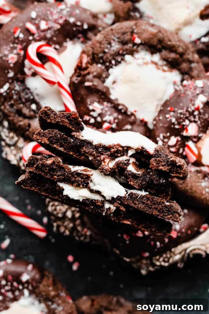 A close-up of a stack of broken open cookies, showcasing their melty marshmallow centers and rich, fudgy chocolate texture, ready to be enjoyed.