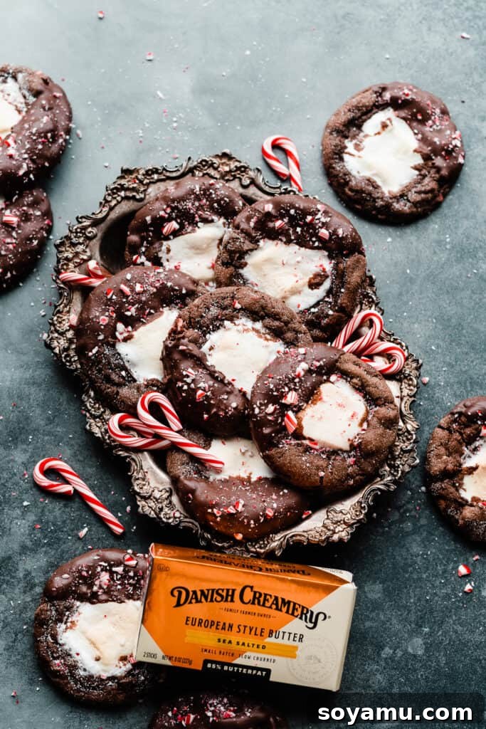 A vintage tray displaying more of the exquisite chocolate marshmallow cookies on a slate surface, highlighting their rich texture and perfect topping.