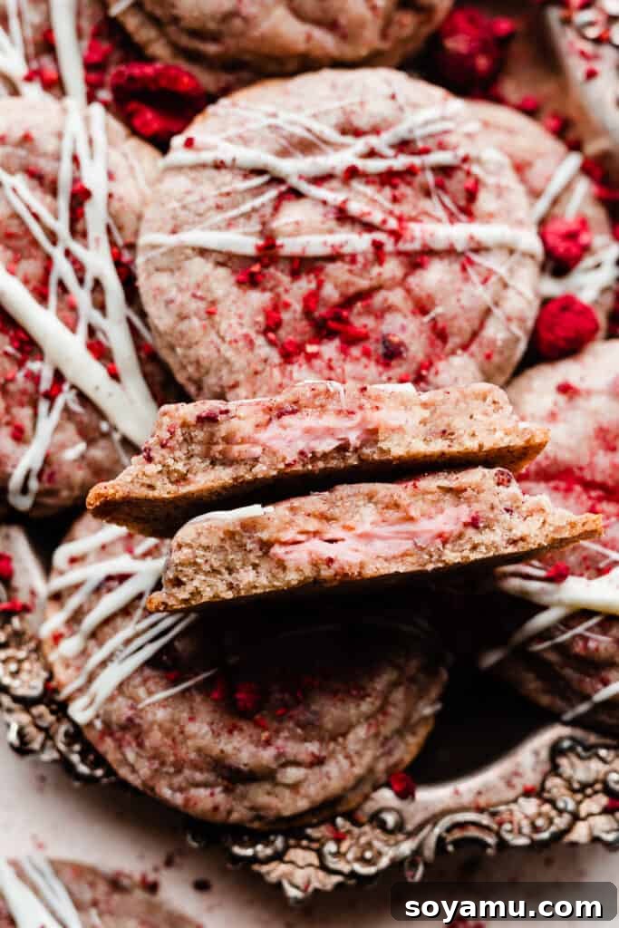 Luscious White Chocolate Raspberry Cheesecake Cookies 3 Two halves of a raspberry cheesecake cookie, broken open to reveal the creamy pink cheesecake filling in the center.