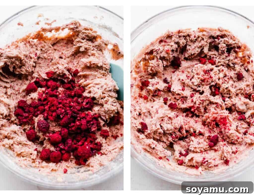 Luscious White Chocolate Raspberry Cheesecake Cookies 4 Two images showcasing the cookie dough: first with freeze-dried raspberries on top, then mixed thoroughly into the dough.