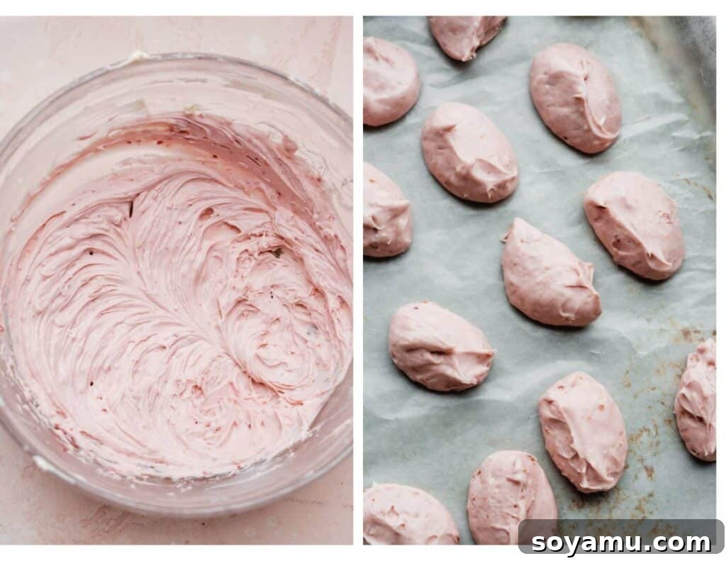 Luscious White Chocolate Raspberry Cheesecake Cookies 5 Two images: one showing a bowl of the vibrant raspberry cheesecake filling, and the other displaying perfectly frozen dollops of the filling on a baking sheet.