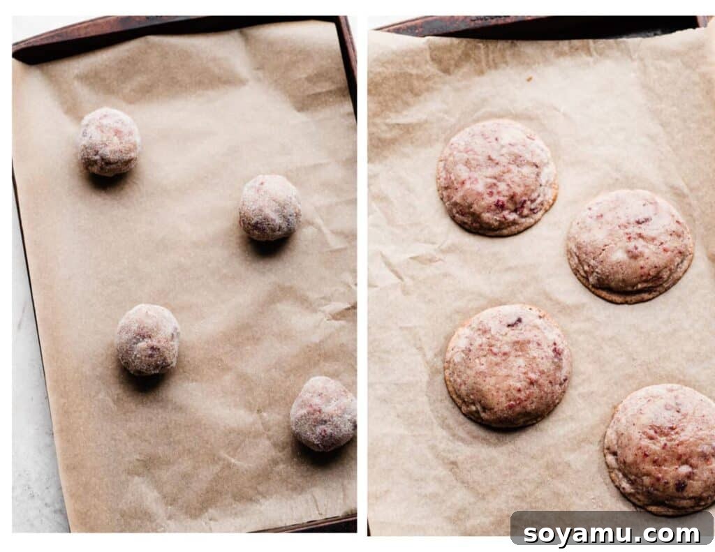 Luscious White Chocolate Raspberry Cheesecake Cookies 7 Two images: one of the perfectly stuffed cookie dough balls before baking, and another showing the golden-brown, freshly baked cookies cooling on a cookie sheet.