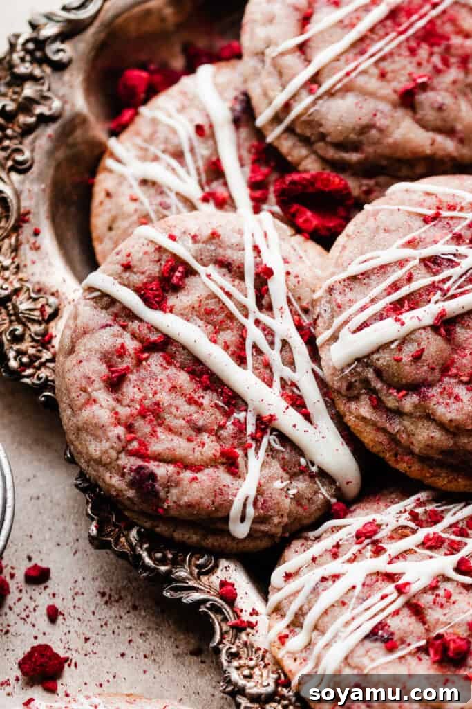 Luscious White Chocolate Raspberry Cheesecake Cookies 8 A close-up shot of several white chocolate raspberry cheesecake cookies beautifully arranged in a vintage serving tray.