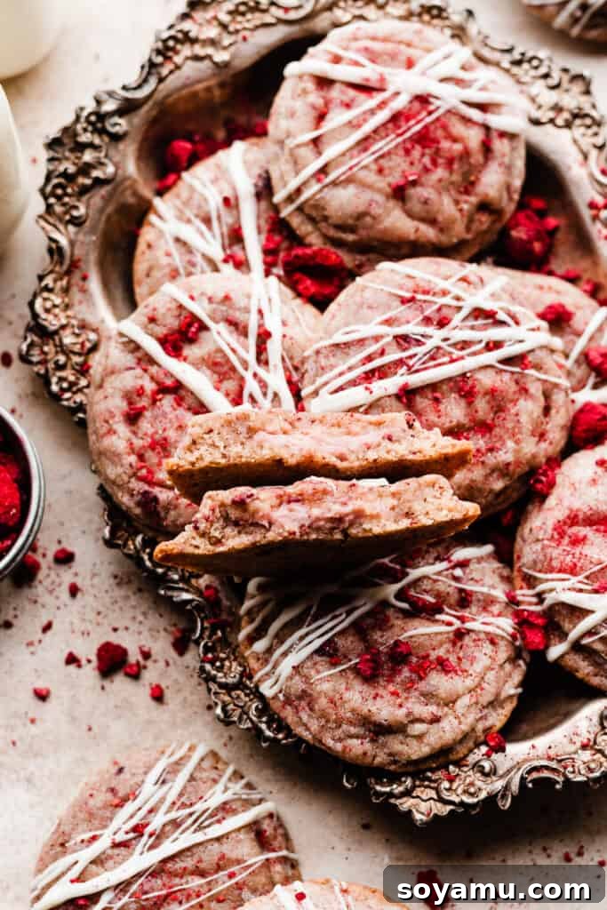 Luscious White Chocolate Raspberry Cheesecake Cookies 9 A collection of beautifully baked raspberry cheesecake cookies presented in a charming vintage tray.