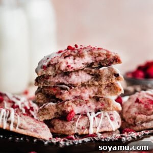 Thick, soft raspberry sugar cookies are stuffed with a creamy raspberry cheesecake filling and drizzled with white chocolate. These cookies are absolutely packed with flavor and can be made ahead & frozen until ready to bake!
