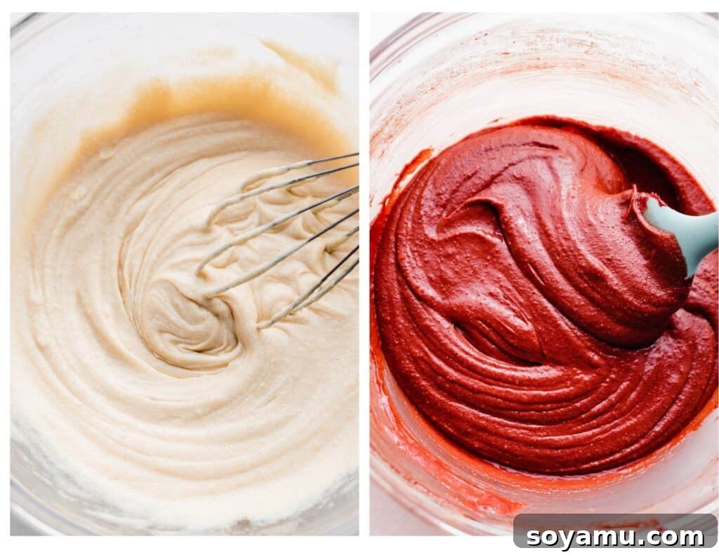 Velvet Swirl Oreo Fudge Brownies 4 Two images - a fluffy, light butter, sugar, and egg mixture and the luscious red velvet batter.