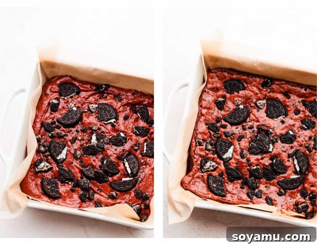 Velvet Swirl Oreo Fudge Brownies 5 Two images - red velvet oreo brownie batter in the pan, and the baked red velvet brownies.