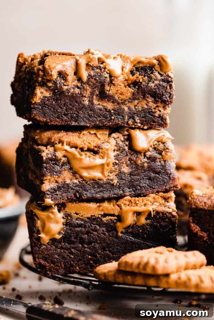 Decadent Biscoff Brownie Bombs 2 A stack of ultra-fudgy Biscoff brownies with visible cookie butter swirls and cookie pieces, showcasing their rich texture.