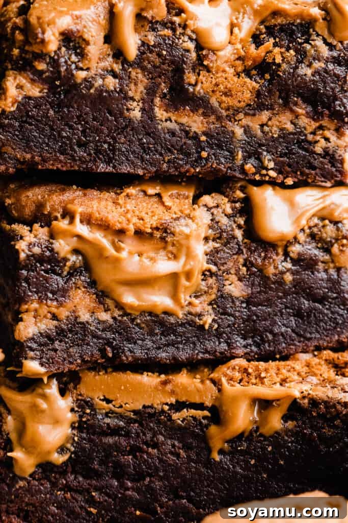Decadent Biscoff Brownie Bombs 4 A very close-up shot of a stack of Biscoff brownies, highlighting the fudgy texture and delicious cookie butter layers.