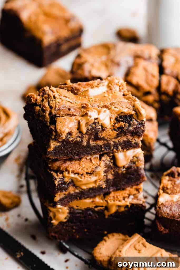 Decadent Biscoff Brownie Bombs 10 A beautiful stack of Biscoff brownies cooling on a vintage metal rack, showcasing their delicious layers and rich appearance.