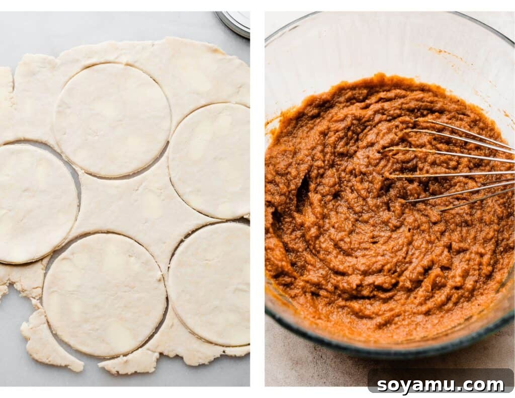 Golden Maple Glazed Pumpkin Pasties 4 Two images side-by-side: one showing neatly cut pie dough circles, and the other a bowl of creamy, spiced pumpkin filling.