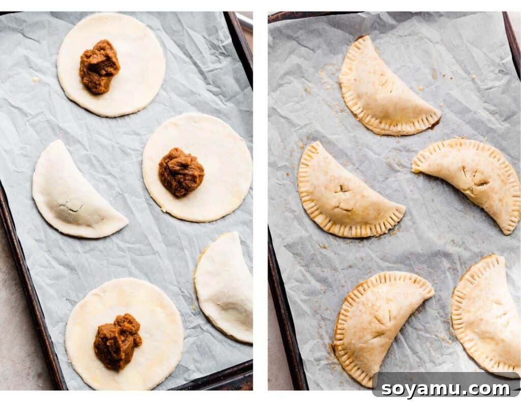 Golden Maple Glazed Pumpkin Pasties 5 Two images: one showcasing pumpkin filling being placed on dough circles, and the other of assembled, crimped pasties ready for baking.