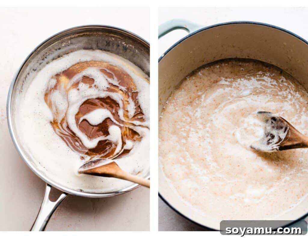 Two images side-by-side: one showing golden brown butter in a pot, and the other showing melted butter and marshmallows combined into a gooey mixture.