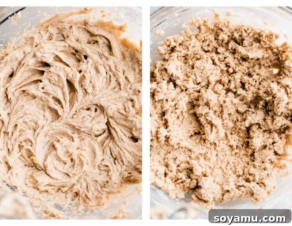 Two images: one of the wet ingredients mixed together, and one of the dough mixed up.