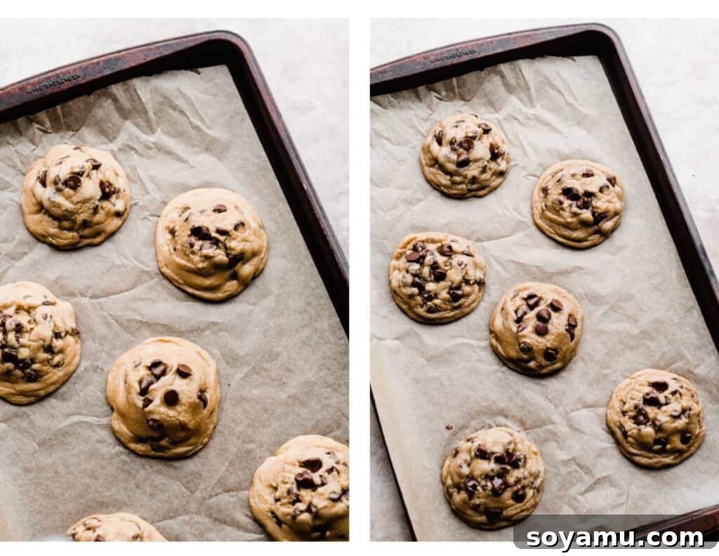 Two images: one of the cookies fresh out of the oven, and one after they've been scooted. 
