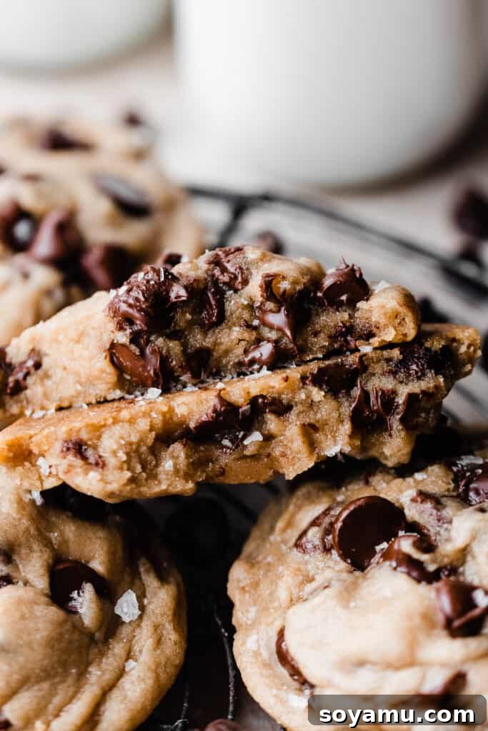 Two halves of a broken open cookie, showing their gooey insides and melty chocolate chips.