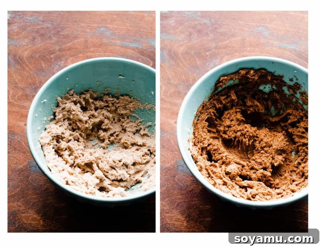 Two images side-by-side: one showing butter and sugar perfectly creamed in a bowl, and the other showing the mixture after molasses has been added and combined.