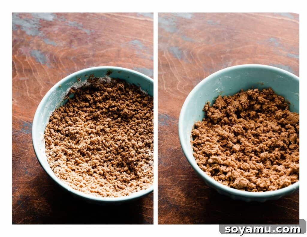 Two images showing the evolution of gingerbread dough: one of a bowl of crumbly, dry-looking dough, and the other of the same dough after proper mixing, appearing more cohesive and ready for rolling.