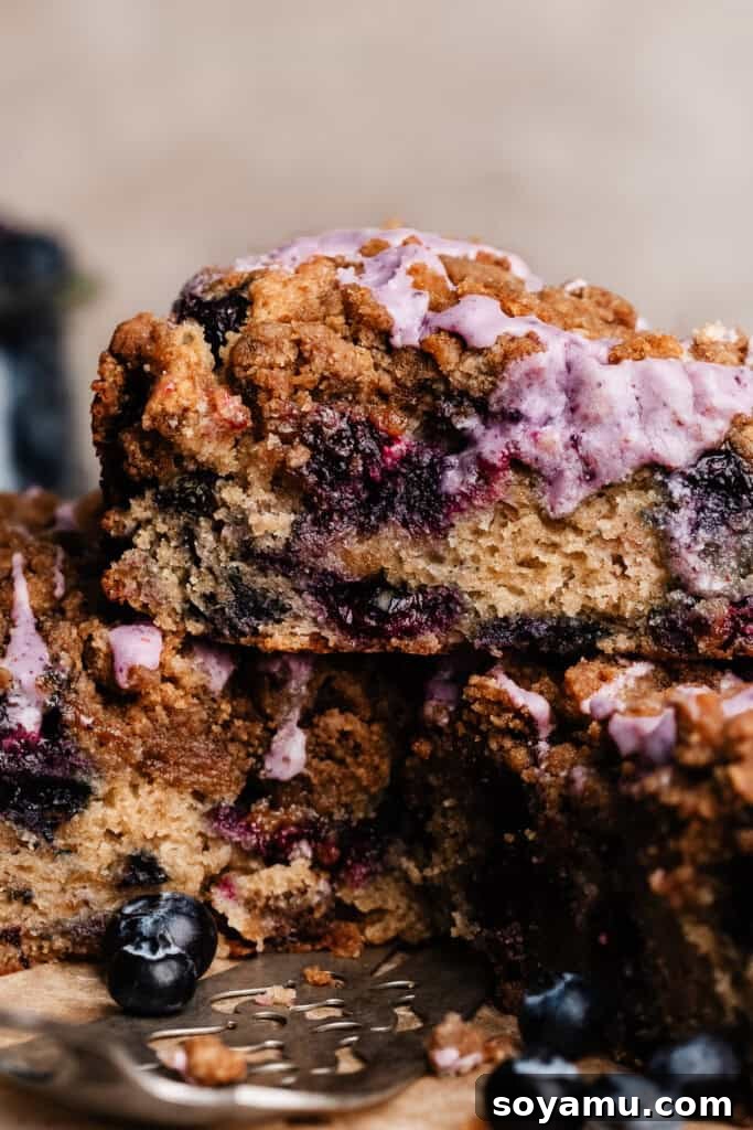 Blueberry Streusel Coffee Cake 9 A close-up shot of a single slice of blueberry coffee cake, showing the perfect layers of cake, blueberries, and streusel.