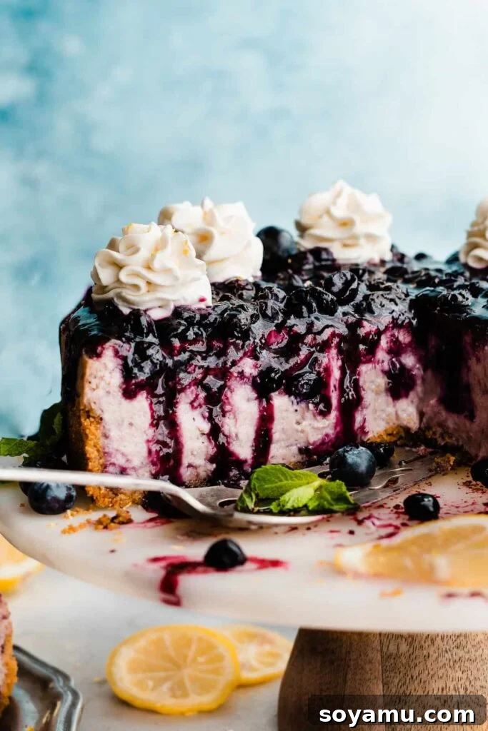 A slice of blueberry cheesecake richly topped with homemade blueberry sauce, highlighting its perfect pairing.