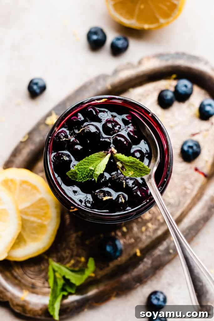 A beautiful jar of homemade blueberry sauce, ready for storage or serving.