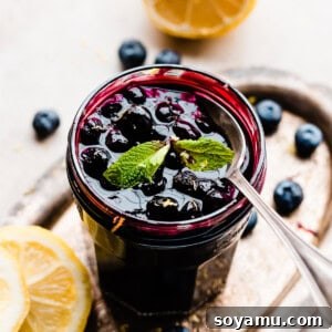 A jar of homemade blueberry sauce, glistening and ready to be served.