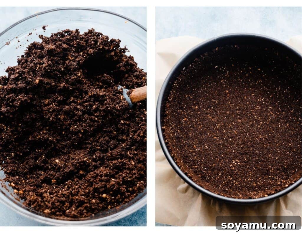 Two images of the crust coming together, showing the dry ingredients and then the mixture pressed into the pan.