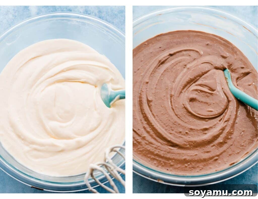 Two images: one of the cheesecake batter before adding the nutella, and one with the nutella added and mixed.