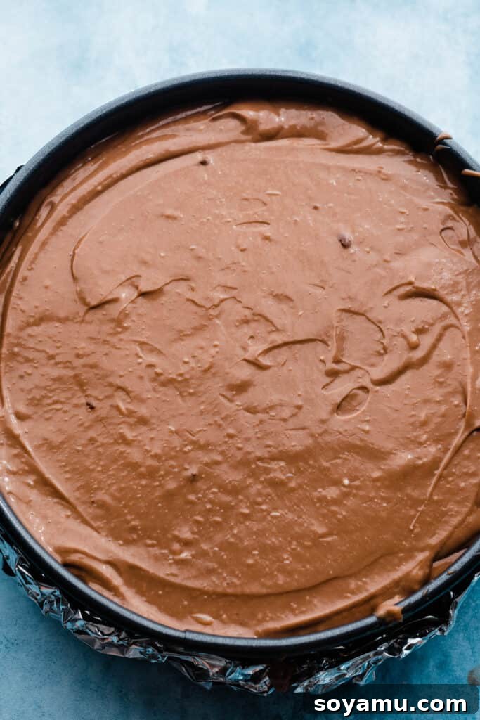 Chocolate batter poured into the springform pan, ready for baking.