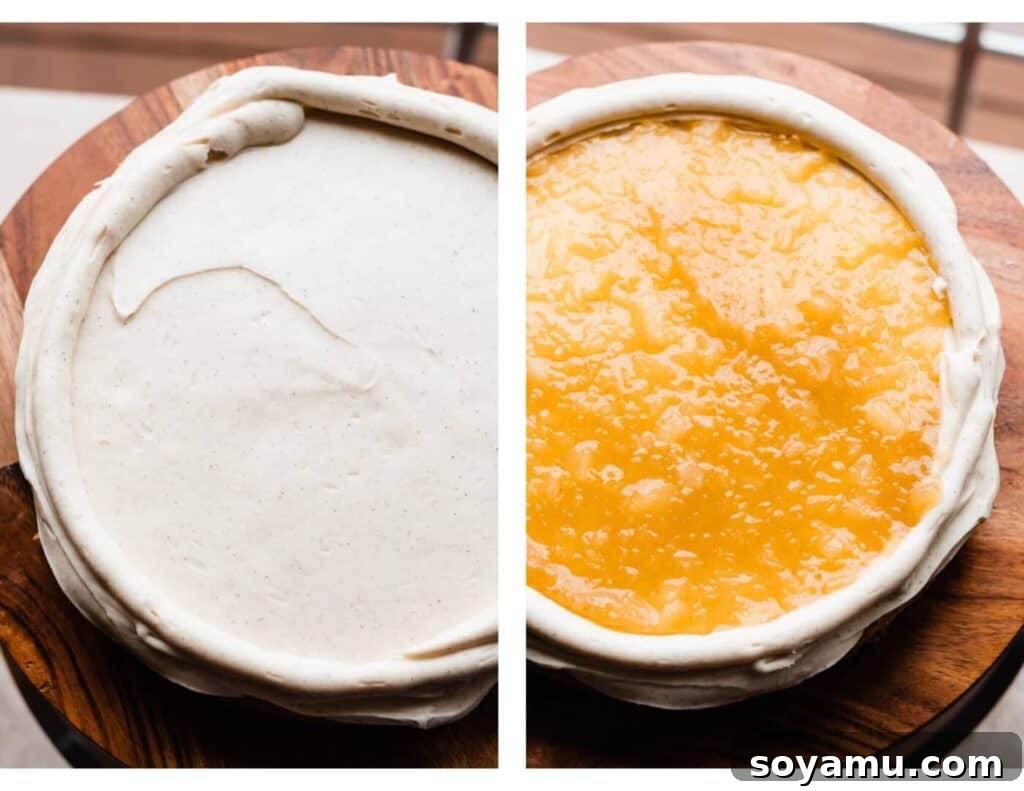 Piña Colada Dream Cake 10 Two images of the cake being frosted and filled.