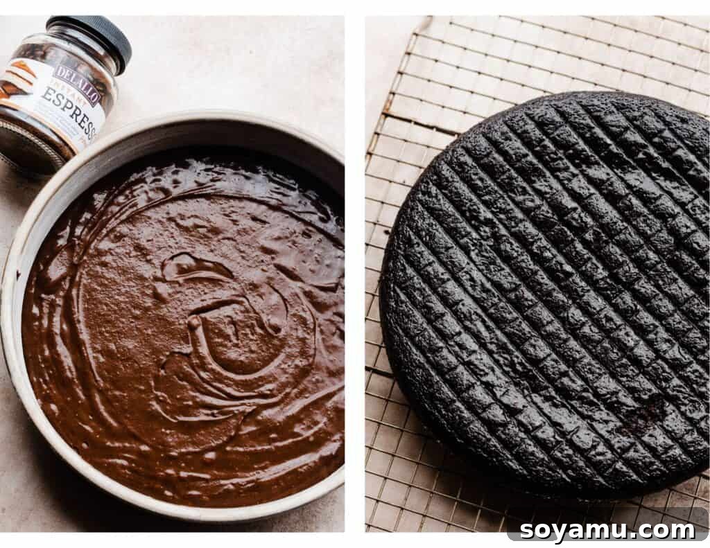 Two images side-by-side: one showing cake batter in a round pan, and the other displaying a beautifully baked, golden-brown cake layer on a cooling rack.