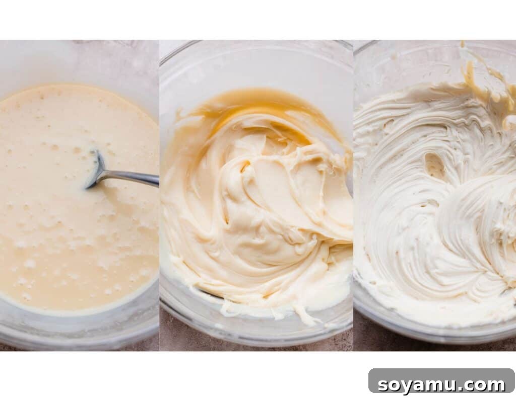 A series of three images depicting the process of making whipped white chocolate ganache, from melted chocolate and cream to a beautifully light and airy whipped texture.