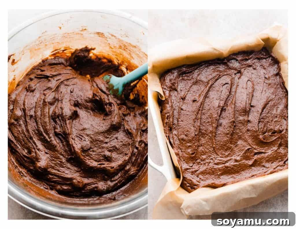 Buckeye Bliss Brownies 4 A visual guide showing the rich, dark brownie batter in a mixing bowl, followed by the batter spread evenly in a prepared baking pan.