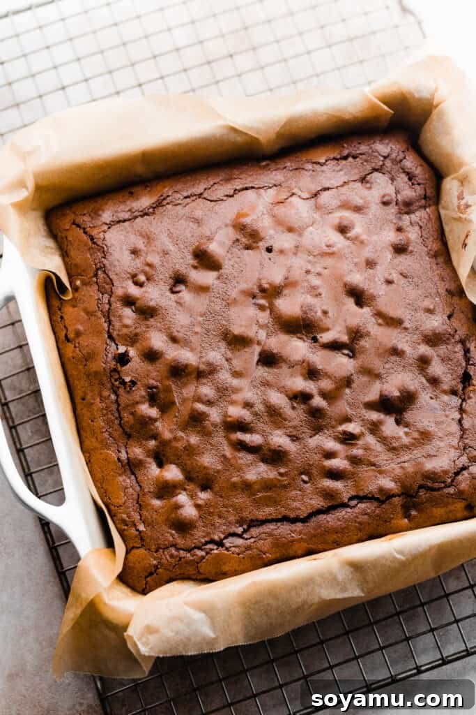 Buckeye Bliss Brownies 5 Freshly baked chocolate brownies cooling in a square pan, ready for the next delicious layer.