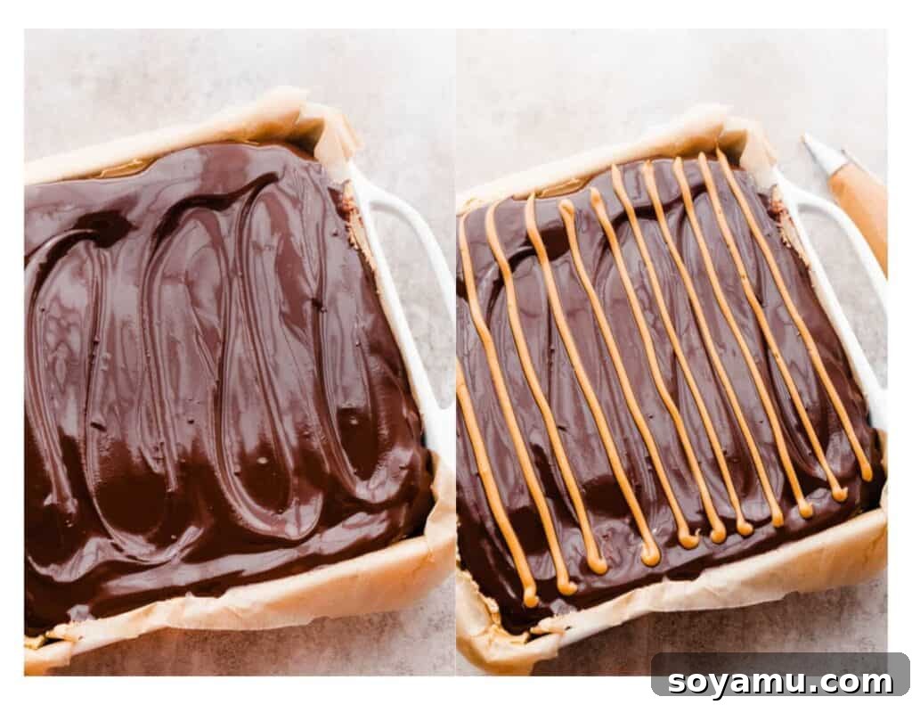 Buckeye Bliss Brownies 7 The process of adding the chocolate topping to the brownies, followed by piping parallel lines of peanut butter for decoration.