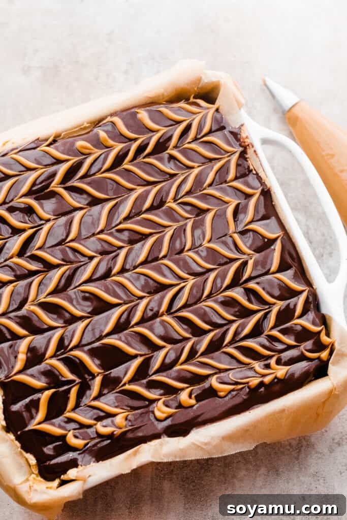 Buckeye Bliss Brownies 8 A close-up view of the exquisite herringbone design meticulously created on the chocolate topping of the Buckeye brownies.