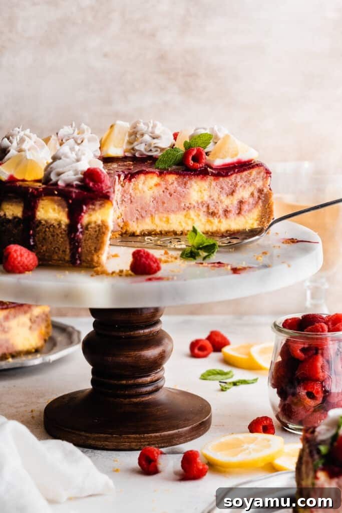 Zingy Raspberry Lemon Cloud Cheesecake 12 A perfectly sliced Raspberry Lemonade Cheesecake on a cake stand, highlighting its creamy texture and beautiful swirled interior.