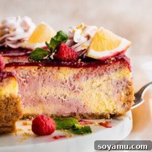A close-up of a slice of cheesecake on a cake stand, with visible swirls of raspberry and lemon.