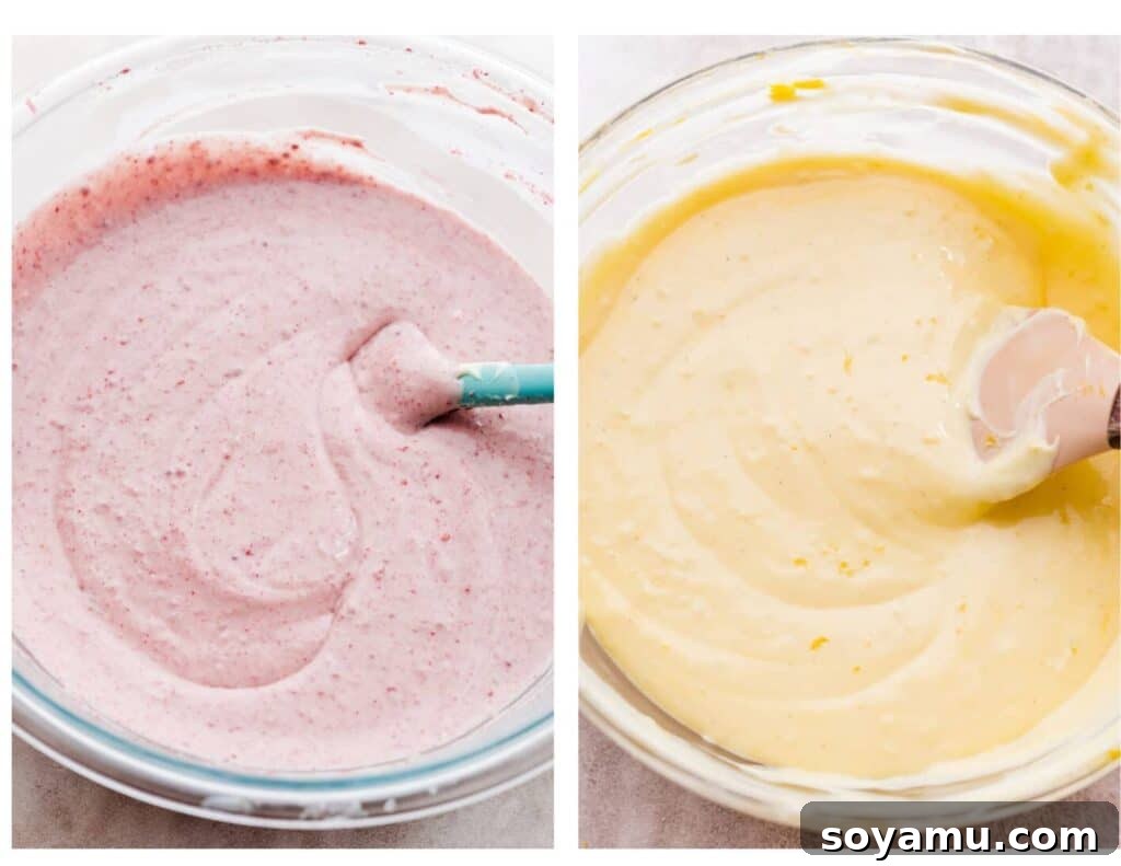 Zingy Raspberry Lemon Cloud Cheesecake 6 Two separate bowls containing the flavored cheesecake batters: one with vibrant raspberry and the other with bright lemon, ready for swirling.