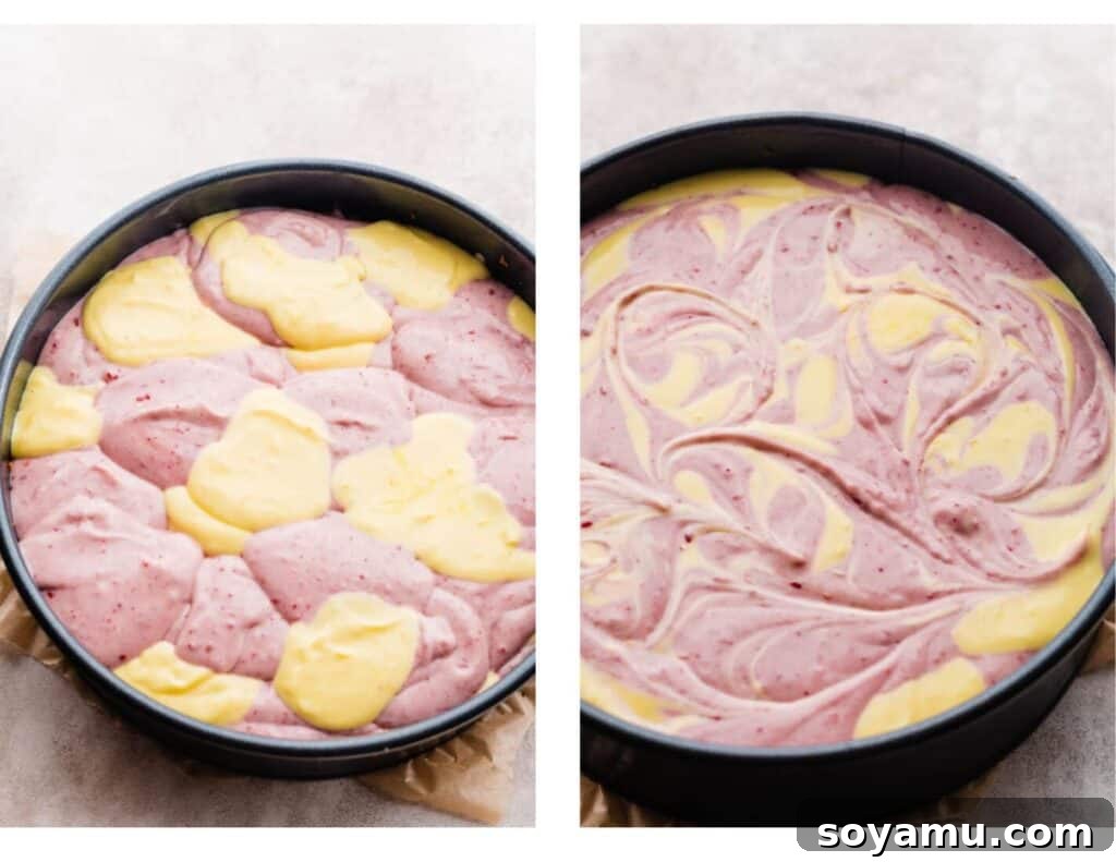 Zingy Raspberry Lemon Cloud Cheesecake 7 The springform pan filled with beautifully swirled raspberry and lemon cheesecake batters, showing the distinct and intertwined colors.