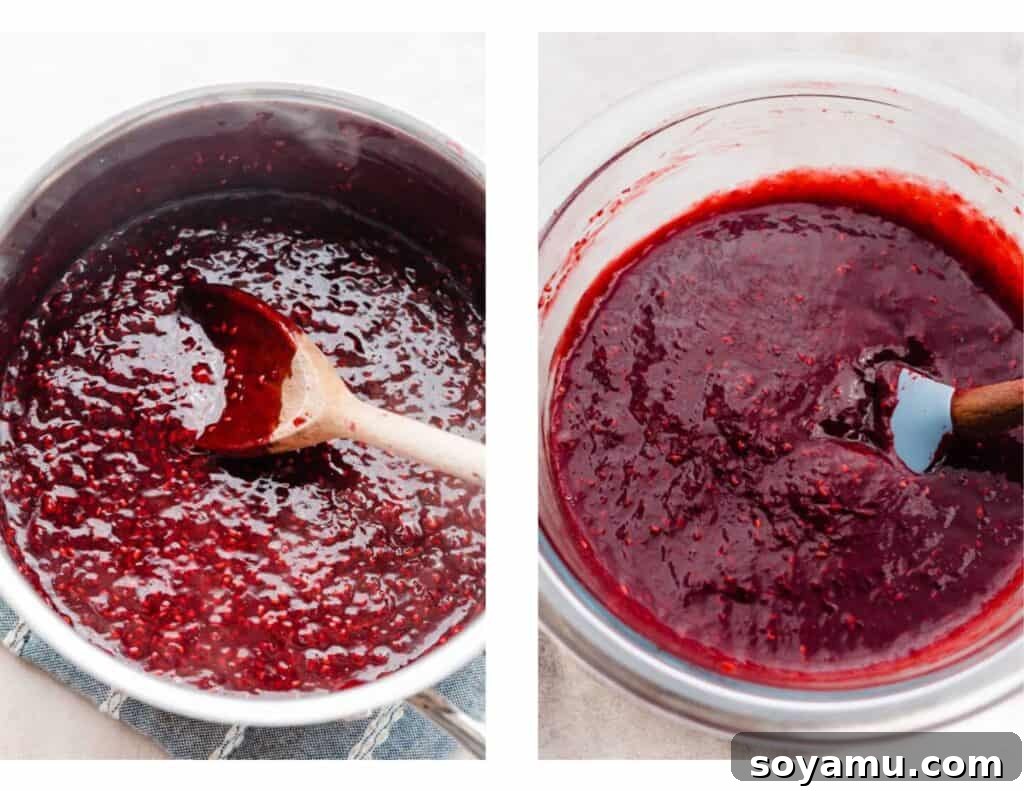 Zingy Raspberry Lemon Cloud Cheesecake 9 A two-part image: first, raspberry sauce gently cooking in a pot on the stove, and second, the strained and cooled raspberry sauce in a bowl, ready for use.