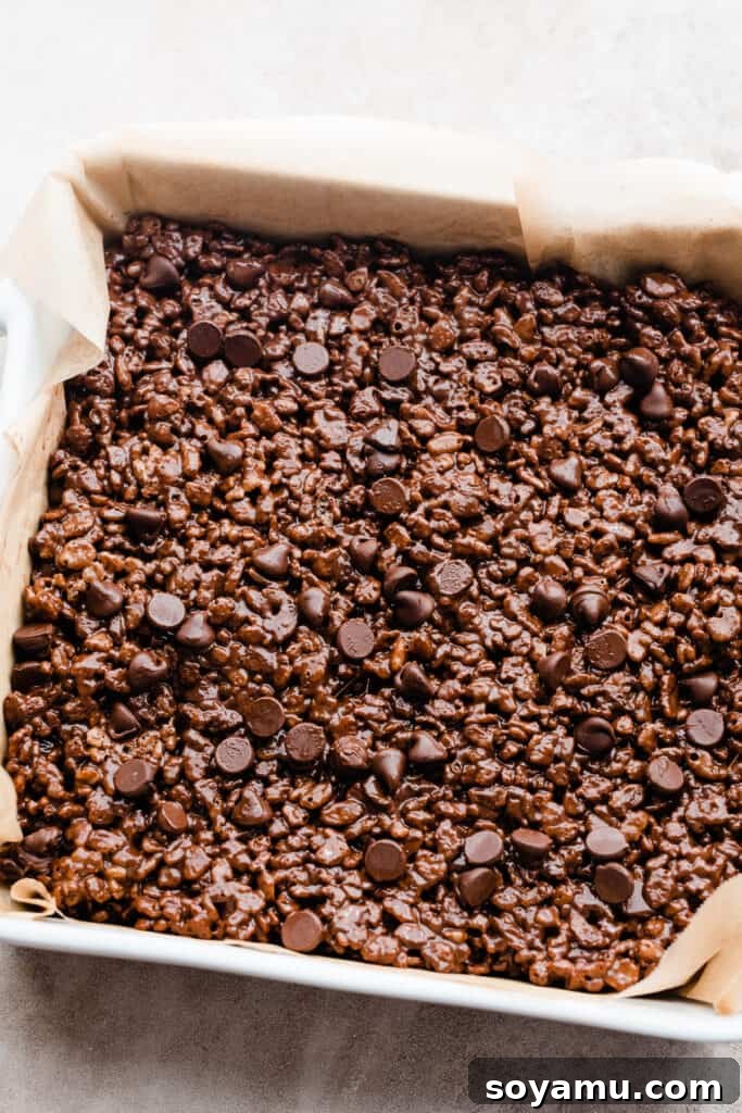 A freshly made pan of brown butter chocolate rice krispie treats, topped with extra chocolate chips.