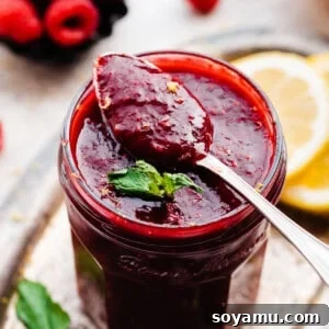 A spoonful of raspberry sauce resting on a jar full.