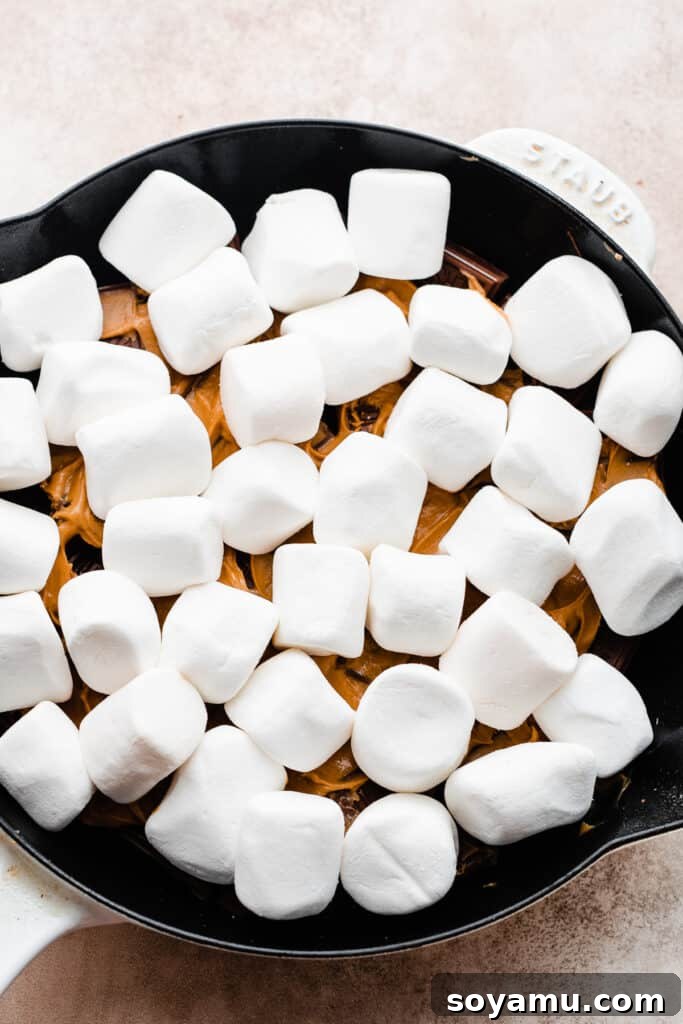Simple 15 Minute Skillet Smores Dip 6 A pristine, single layer of fluffy large white marshmallows completely covers the chocolate and peanut butter base in the skillet, poised for baking into a golden, gooey topping.