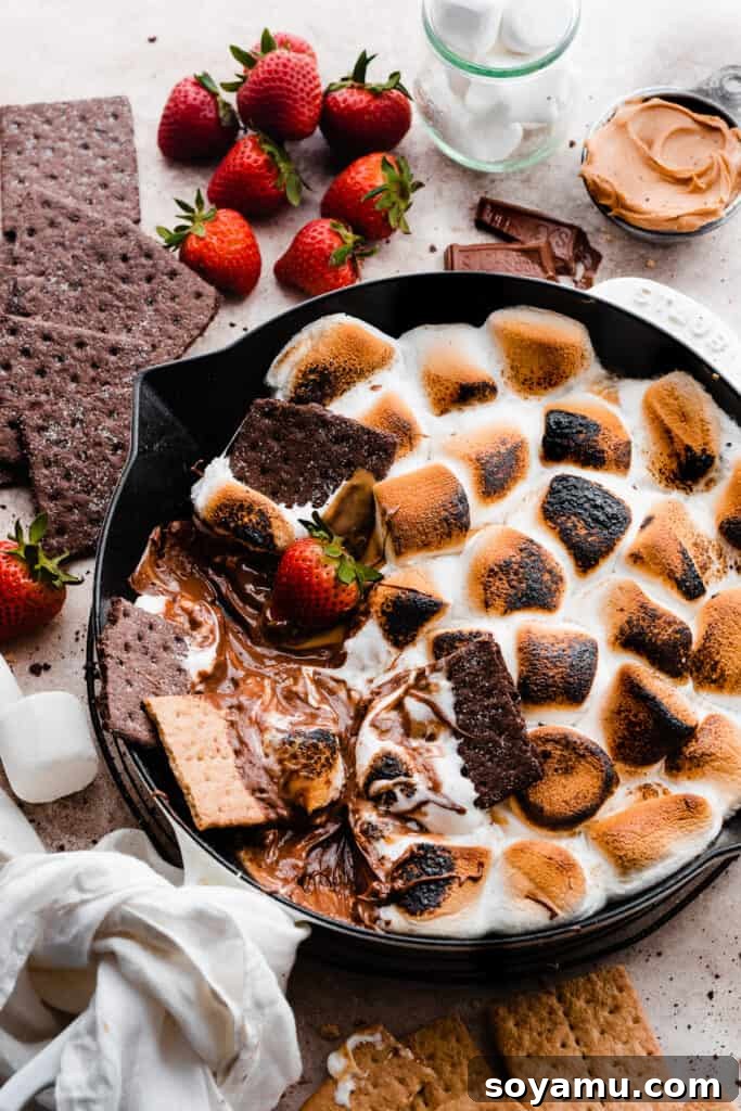 Simple 15 Minute Skillet Smores Dip 7 The baked S'mores Dip emerges from the oven, featuring a gloriously toasted marshmallow topping and bubbling chocolate, surrounded by a variety of dippers, ready to be devoured.