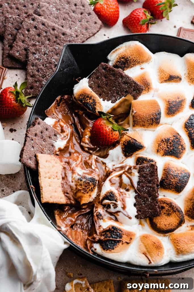 Simple 15 Minute Skillet Smores Dip 8 Fresh, vibrant strawberries and crisp graham crackers are perfectly positioned to scoop into the warm, gooey Skillet S'mores Dip, highlighting its rich textures and inviting presentation.